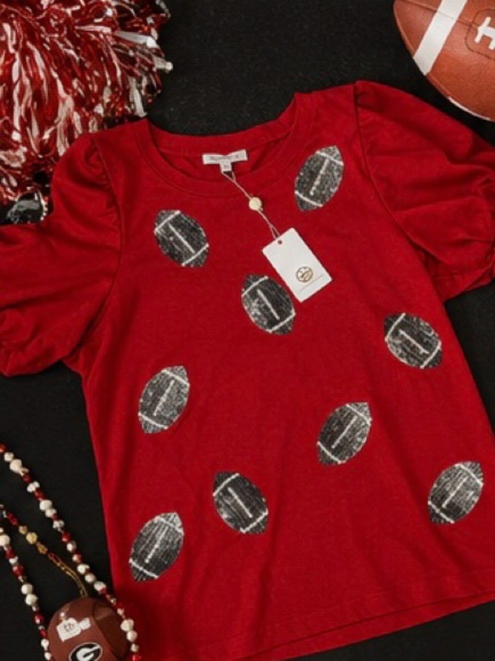 Mary Square FOOTBALLS RED & WHITE TINA TOP Silver Sequin NWT Spirit Football Mom